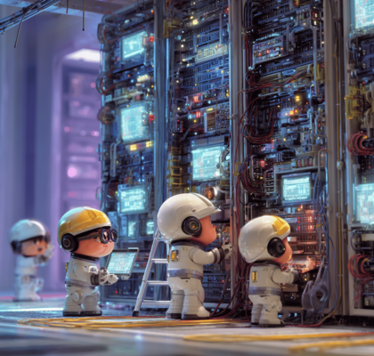 Lebendige Szene von Technikern bei der Arbeit in einem Datenzentrum