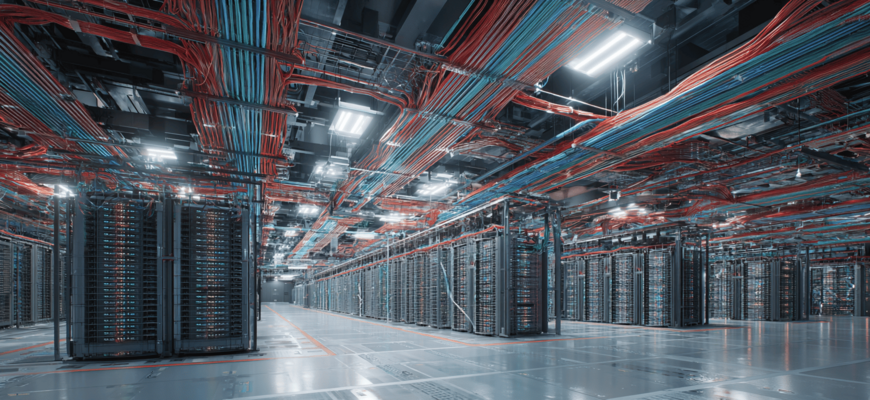 Weitwinkelansicht eines modernen KI-Datenzentrums