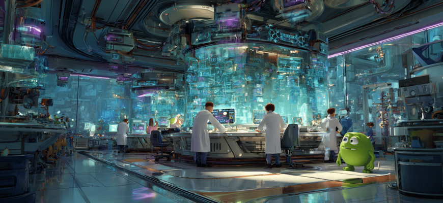 Weitwinkelansicht eines High-Tech Labors mit Gemini 2.5 Flash-Lite im Zentrum