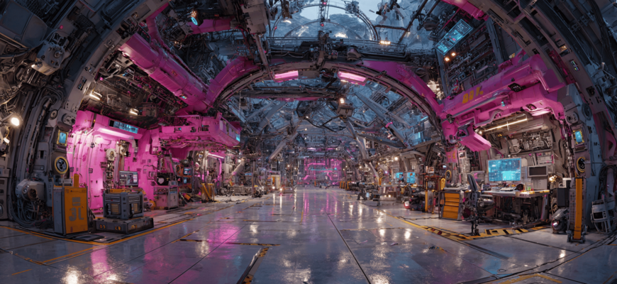 Weitwinkelaufnahme eines futuristischen Militärstützpunkts