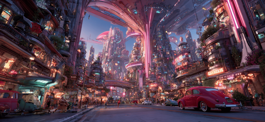 Weitwinkelansicht eines futuristischen Stadtbildes, in dem Technologie und Kunst harmonisch verschmelzen