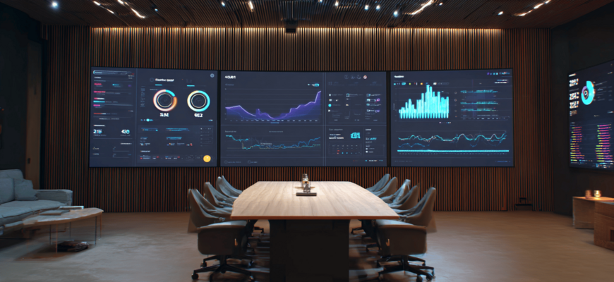 Weitwinkelaufnahme eines modernen Büroarbeitsplatzes mit interaktivem KI-Dashboard