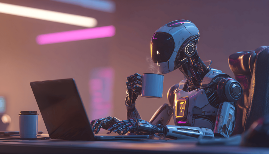 Roboter tippt auf Laptop in futuristischer Umgebung.