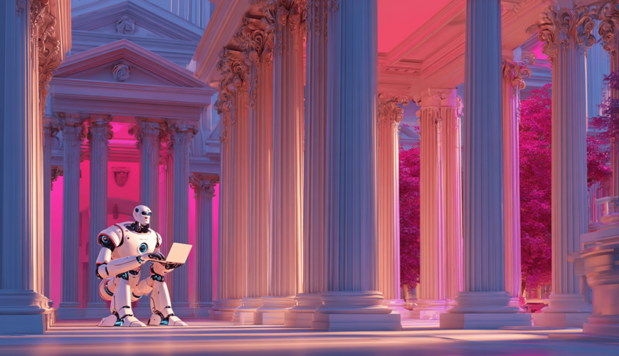 Futuristische Darstellung eines Roboters vor klassischen Tempeln in modernem Design