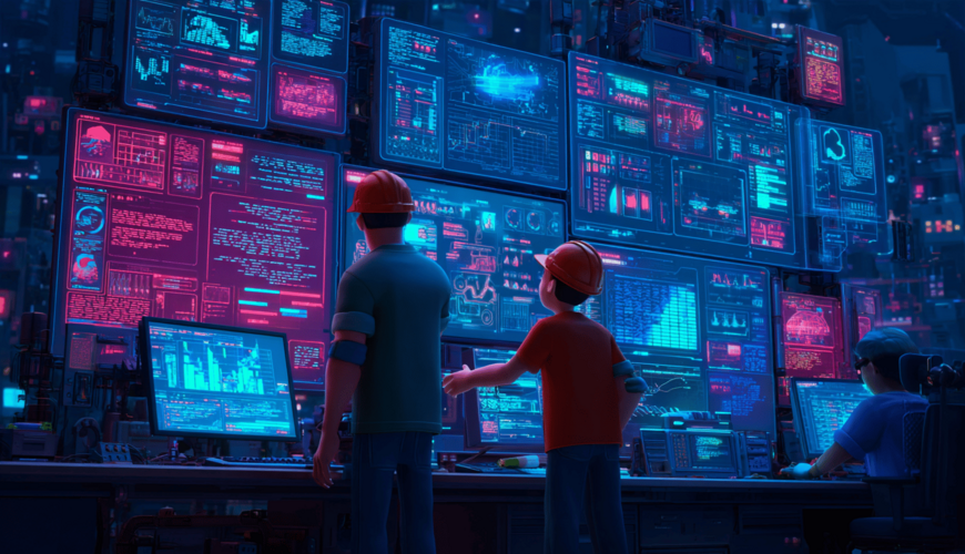 Illustration eines modernen Analytics Dashboards mit Code-Snippets und steigenden Diagrammen