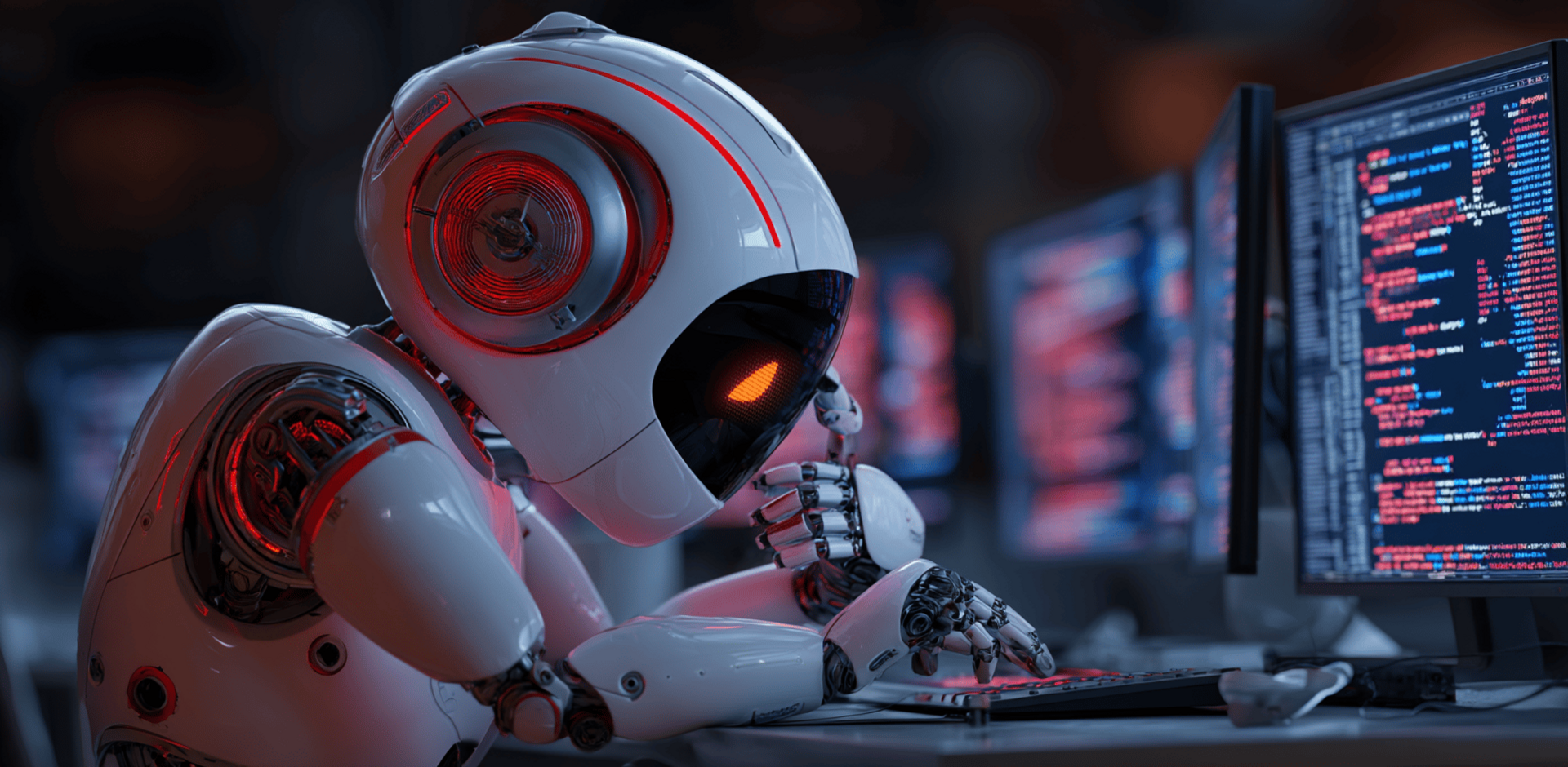 Detailaufnahme eines codierenden Roboters in action.