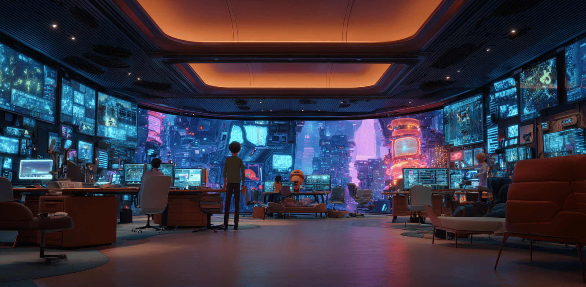 Moderner Business-Raum mit interaktiven KI-Elementen und dynamischen Pixar-Figuren