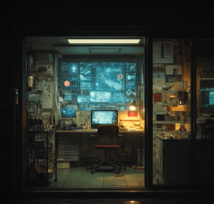 Linke Seite: Dynamische Darstellung von KI-Geschwindigkeit und kritischer Analyse