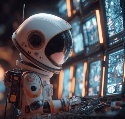 Zweispaltenbild links: Detailaufnahme eines agilen KI-Agenten bei der Arbeit