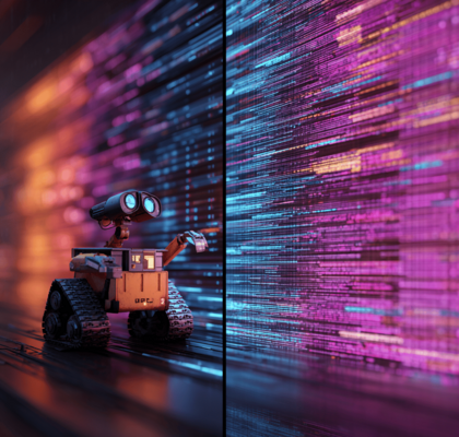 Futuristische Szene im Büro mit innovativer KI-Technologie.