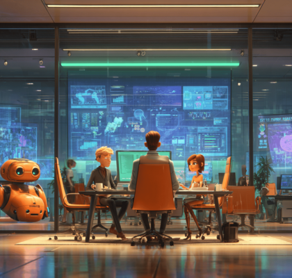 Detailaufnahme eines modernen Serverraums mit fließenden Datenströmen und Pixar-animierten Details