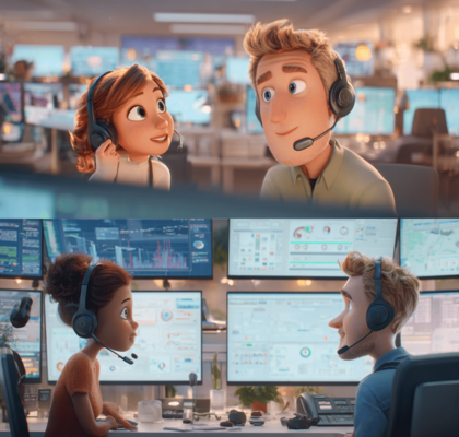 Digital animierte Szene mit KI-Bots im Kundenservice