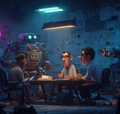 Moderner TechCrunch Disrupt 2025 Stand mit KI und Robotik.