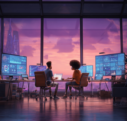 Futuristische Darstellung von Finance- und Projektmanagement-Tools.