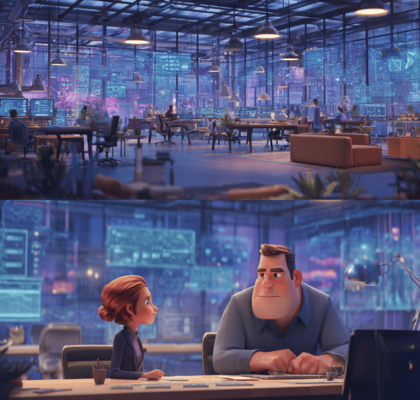 Dynamische Szene in einem modernen Innovationslabor mit aktiven, animierten KI-Elementen im Pixar-Stil