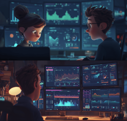 Zweispaltige Darstellung von Entwickleraktivitäten und Dashboard-Analysen